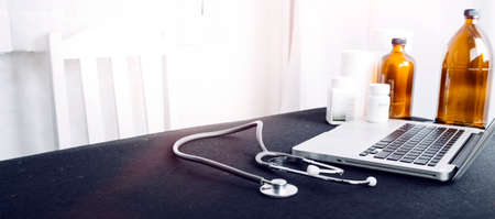 Double exposure of technology healthcare And Medicine concept. Two doctors using digital tablet and...