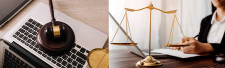 Justice and law concept. Gavel on sounding block in hand's Male judge at a courtroom, working with...
