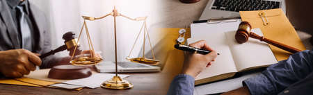 Justice and law concept. Gavel on sounding block in hand's Male judge at a courtroom, working with...