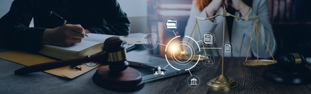 Justice and law concept. Gavel on sounding block in hand's Male judge at a courtroom, working with...