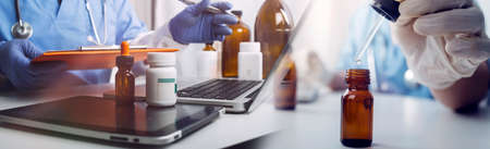 Medicine doctor touching tablet. Medical technology and futuristic concept.