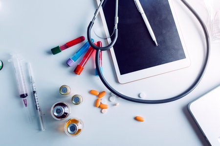 Double exposure of technology healthcare And Medicine concept. Two doctors using digital tablet and...