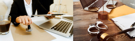 Business and lawyers discussing contract papers with brass scale on desk in office. Law, legal...