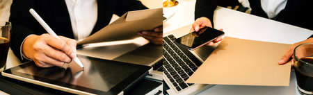 Business and lawyers discussing contract papers with brass scale on desk in office. Law, legal...