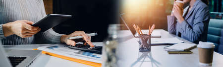 Business team finance or bookkeeper working with a calculator to calculate business data summary...