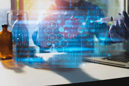 Double exposure of technology healthcare And Medicine concept. Doctors using digital tablet and...