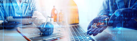 Double exposure of technology healthcare And Medicine concept. Doctors using digital tablet and...
