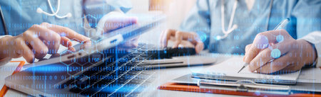 Medicine doctor hand working on a patients x-ray scans digital healthcare and connection with modern...