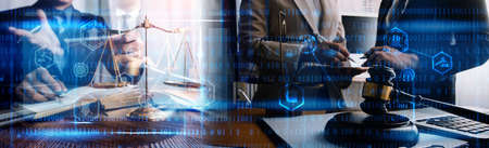 Business and lawyers discussing contract papers with brass scale on desk in office. Law, legal...