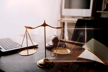 justice and law concept.Male judge in a courtroom on wooden table and Counselor or Male lawyer...