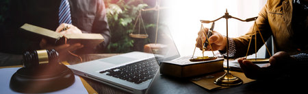 Business and lawyers discussing contract papers with brass scale on desk in office. Law, legal...