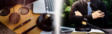 Business and lawyers discussing contract papers with brass scale on desk in office. Law, legal...