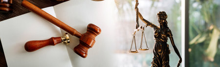 Justice and law concept.Male judge in a courtroom with the gavel, working with, computer and docking...