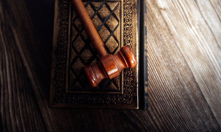 Justice and law concept.Male judge in a courtroom with the gavel, working with, computer and docking...