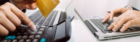technology, people and online shopping concept - happy smiling man with tablet pc computer and...