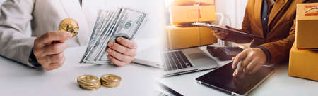 Business accounting concept, Business man using calculator with computer laptop, budget and loan...