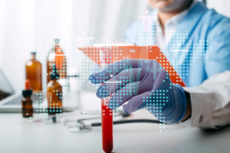 Double exposure of technology healthcare And Medicine concept. Doctors using digital tablet and...