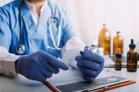 Double exposure of technology healthcare And Medicine concept. Doctors using digital tablet and...