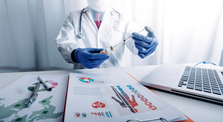 Double exposure of technology healthcare And Medicine concept. Doctors using digital tablet and...