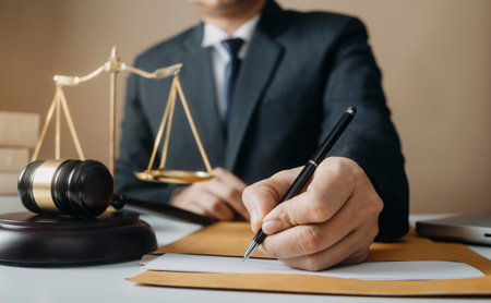 Business and lawyers discussing contract papers with brass scale on desk in office. Law, legal...