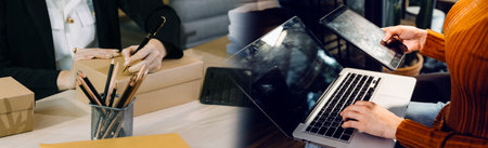 Startup small business entrepreneur or freelance Asian woman using a laptop with box, Young success...