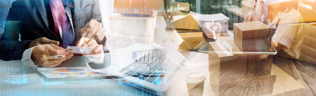 Startup small business entrepreneur or freelance Asian woman using a laptop with box, Young success...