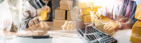 Startup small business entrepreneur or freelance Asian woman using a laptop with box, Young success...