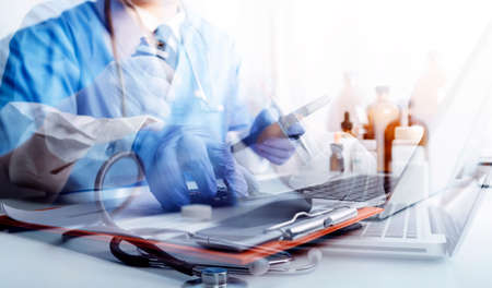 Medicine doctor and stethoscope touching icon medical network connection with modern interface on...