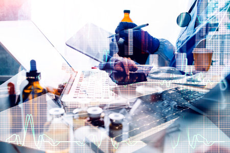 Medicine doctor and stethoscope touching icon medical network connection with modern interface on...