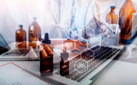 Medicine doctor and stethoscope touching icon medical network connection with modern interface on...