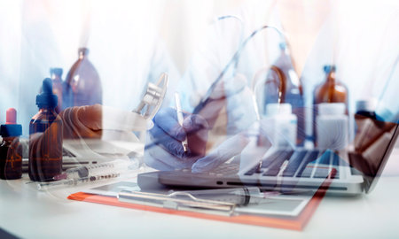 Medicine doctor and stethoscope touching icon medical network connection with modern interface on...