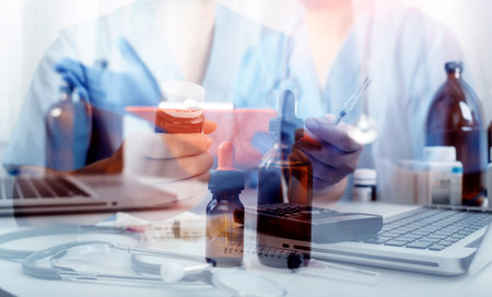 Medicine doctor and stethoscope touching icon medical network connection with modern interface on...