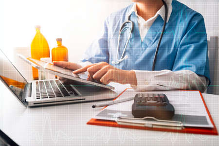 Medicine doctor and stethoscope touching icon medical network connection with modern interface on...