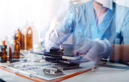 Medicine doctor and stethoscope touching icon medical network connection with modern interface on...