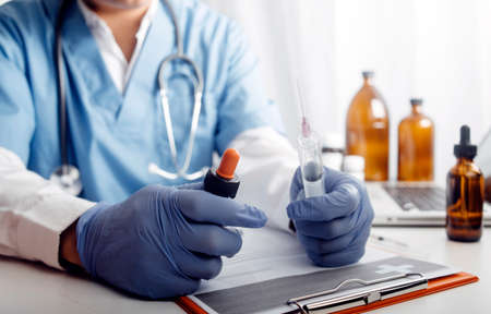 Medicine doctor and stethoscope touching icon medical network connection with modern interface on...