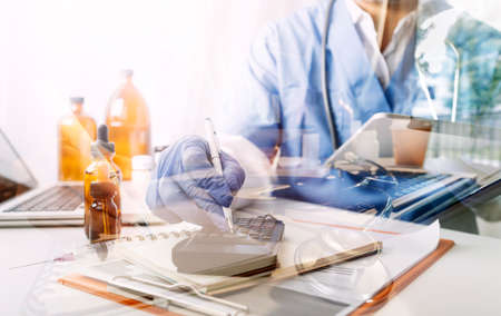 Medicine doctor and stethoscope touching icon medical network connection with modern interface on...