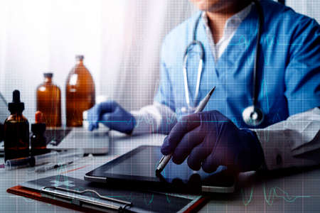 Medicine doctor and stethoscope touching icon medical network connection with modern interface on...