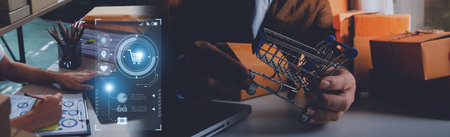 Startup small business entrepreneur or freelance Asian woman using a laptop with box, Young success...