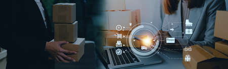 Startup small business entrepreneur or freelance Asian woman using a laptop with box, Young success...