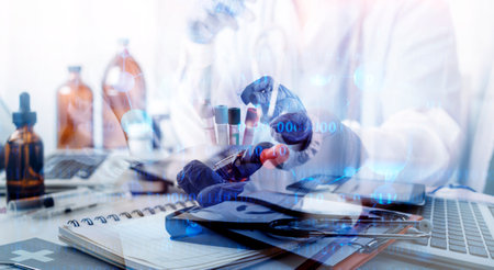 Medicine doctor and stethoscope touching icon medical network connection with modern interface on...