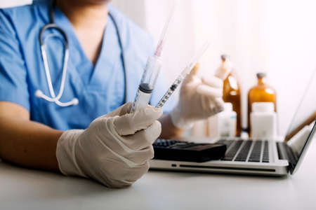 Medicine doctor and stethoscope touching icon medical network connection with modern interface on...