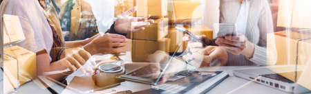 Startup small business entrepreneur or freelance Asian woman using a laptop with box, Young success...