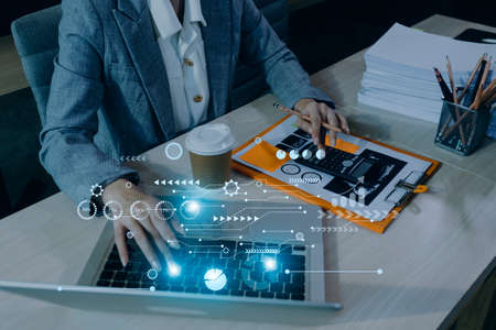 Cyber Security Internet And Networking Concept. Businessman Hand Working With laptop computer and...