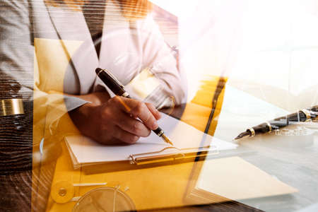 Business and lawyers discussing contract papers with brass scale on desk in office. Law, legal...