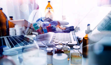 Medicine doctor and stethoscope touching icon medical network connection with modern interface on...