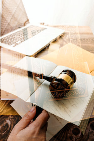 Business and lawyers discussing contract papers with brass scale on desk in office. Law, legal...