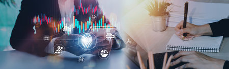 Online transactions, Businessman touching fingerprint scan provides security interface payment...