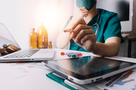 Medicine doctor and stethoscope touching icon medical network connection with modern interface on...
