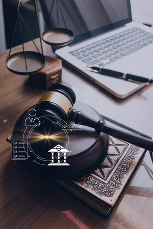 justice and law concept.Male judge in a courtroom on wooden table and Counselor or Male lawyer...