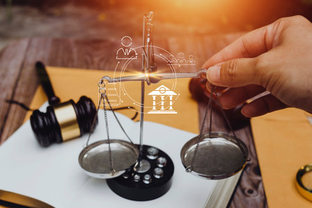 justice and law concept.Male judge in a courtroom on wooden table and Counselor or Male lawyer...